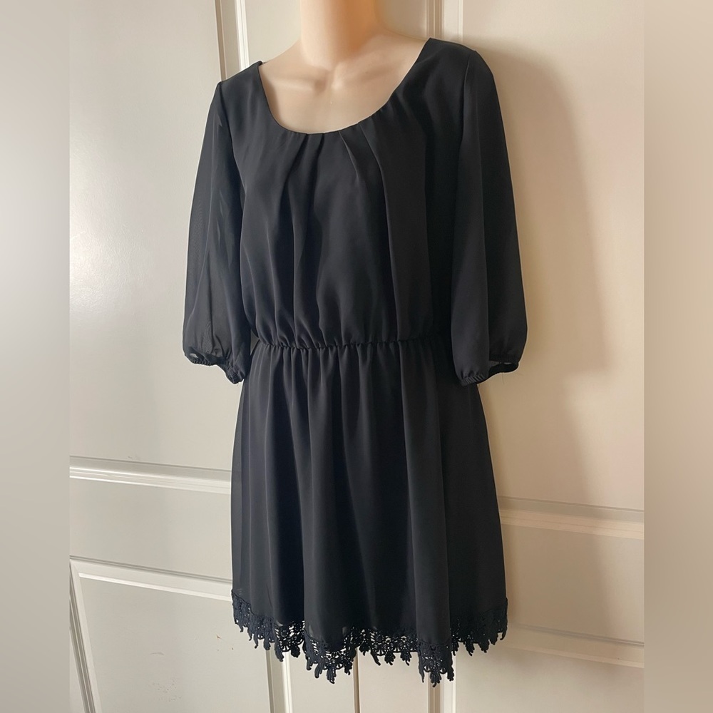 Sequin hearts BLACK sheer dress L embroided hem